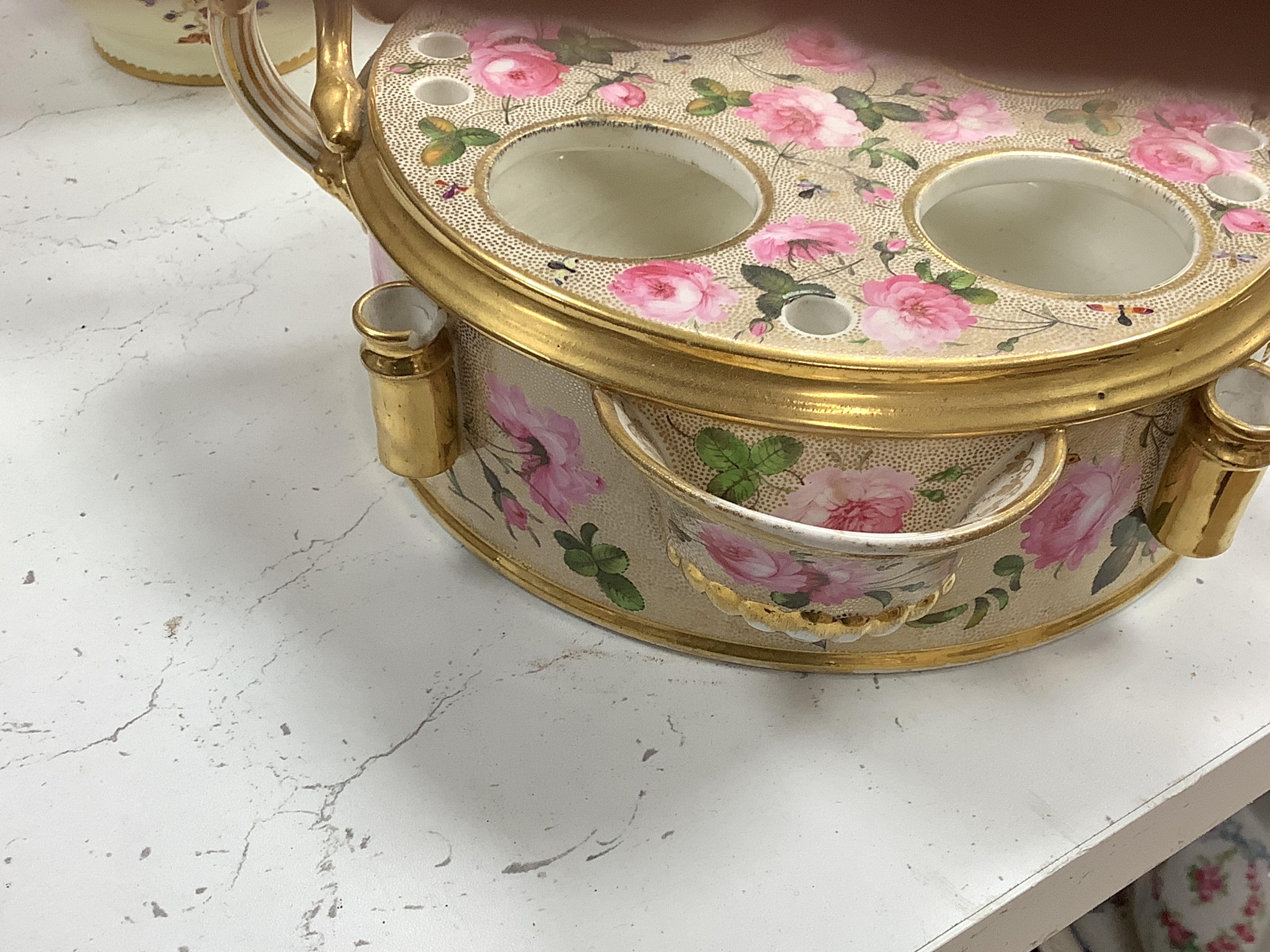 A Royal Crown Derby jar and cover and a English porcelain rose painted inkstand, c.1820, stand 25cm wide